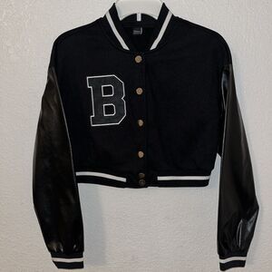 Shein Cropped Varsity Jacket Black Faux Leather Women Sz Small